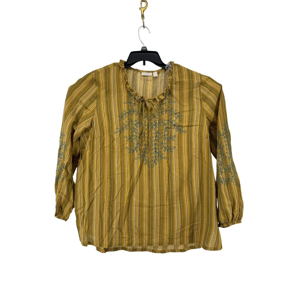 LOGO Lori Goldstein Blouse Women XL Mustard Yellow Striped Embroidered Boho Top